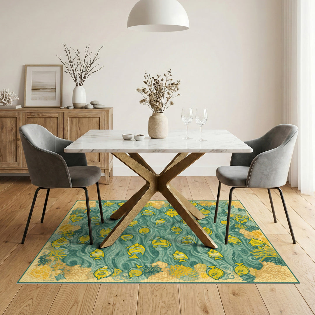Yellow Fish Teal Wave Coastal Area Rug