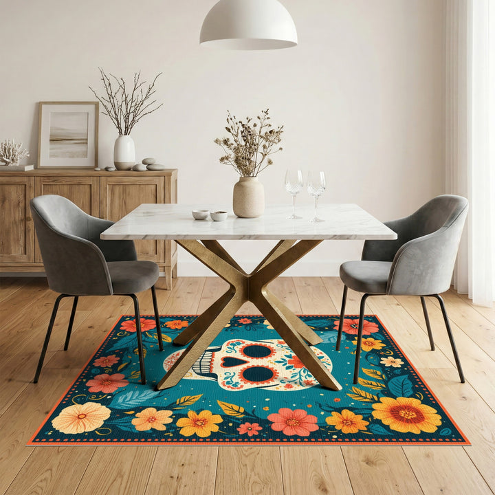 Vibrant Floral Skull Washable Area Rug