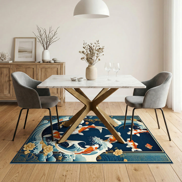 Koi Fish Waves Blue Area Rug