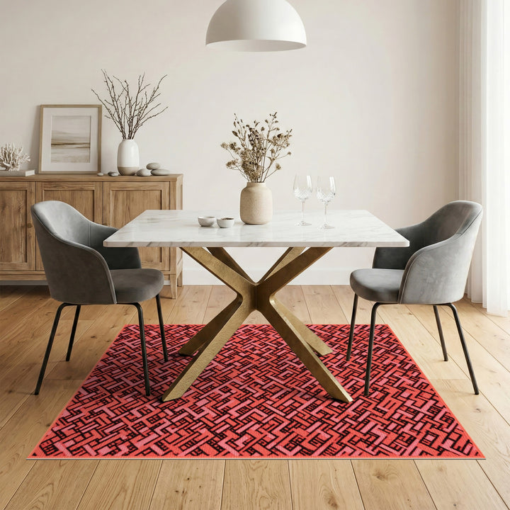 Maze Red Geometric Maze Area Rug