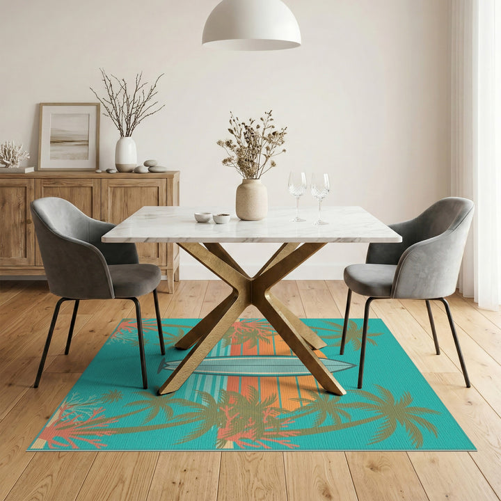 Blue and Teal Retro Surfboard Coastal Area Rug