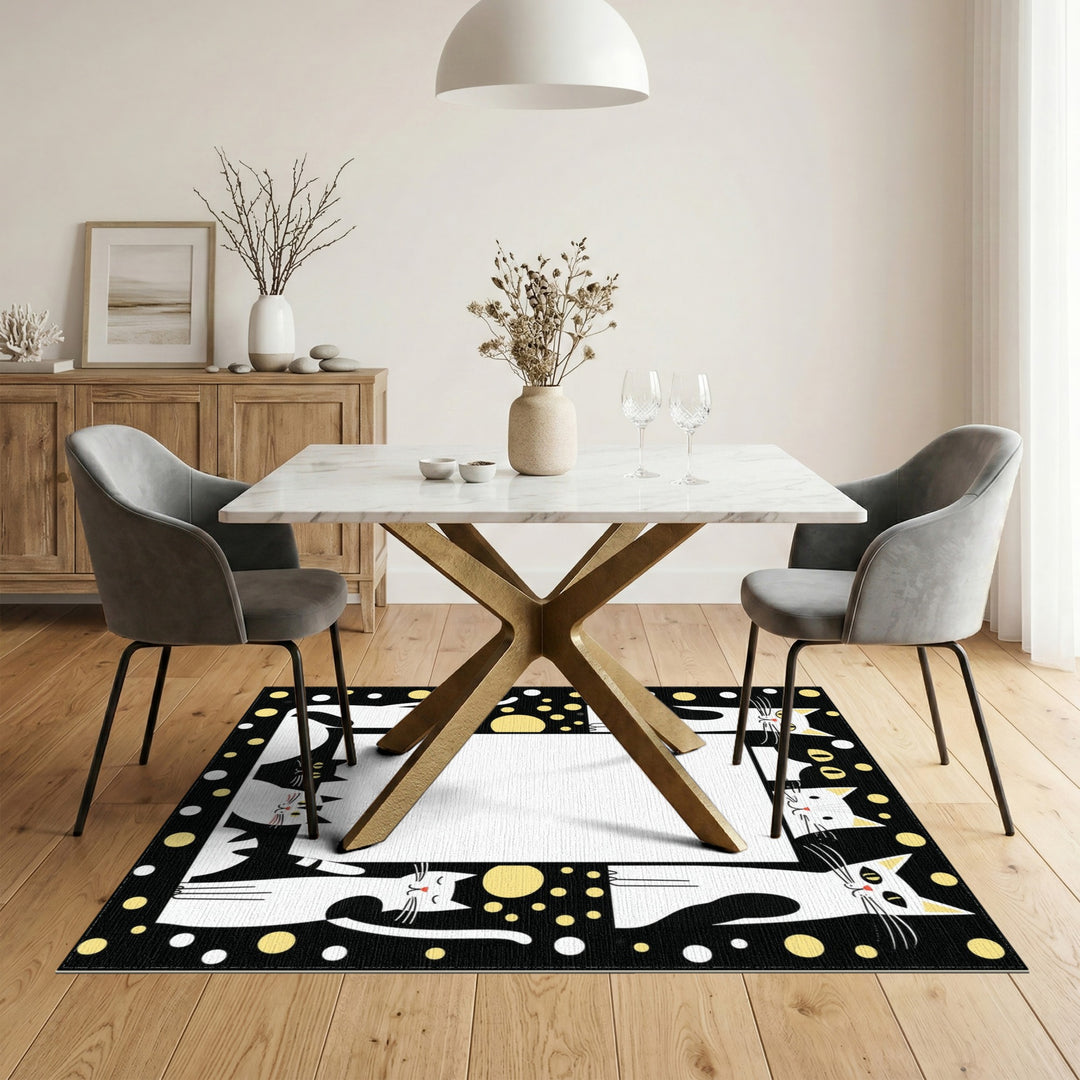 Black White Cartoon Cat Kids Area Rug