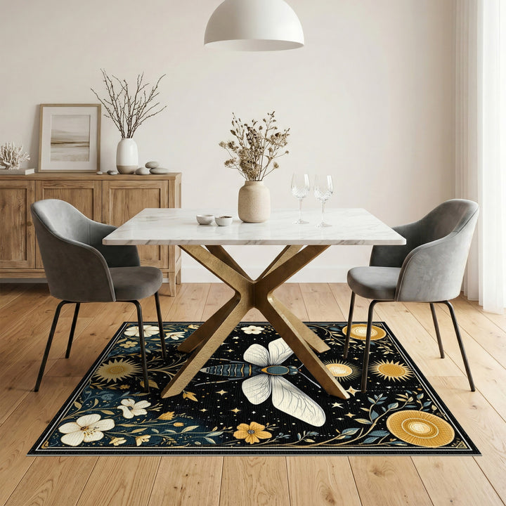 Celestial Moth Gold Floral Area Rug