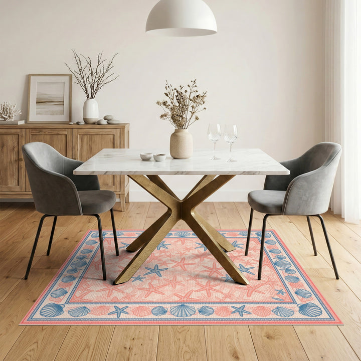 Blue Coastal Seashell and Starfish Area Rug