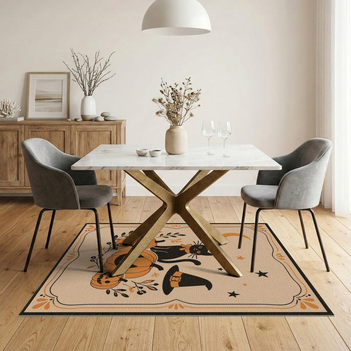 Beige and Neutral Halloween Black Cat Pumpkin Area Rug