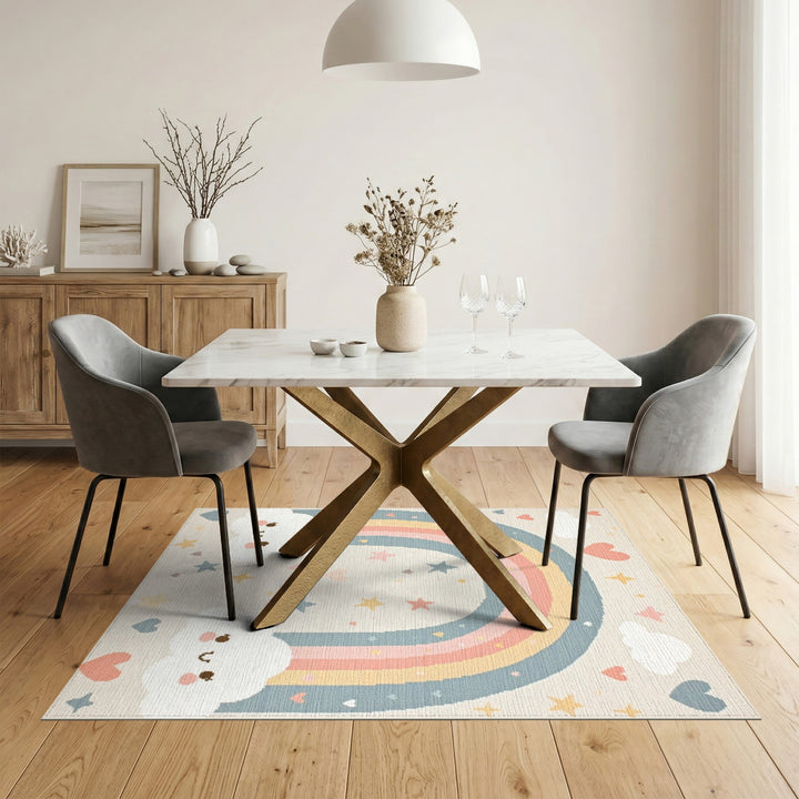 Pastel Rainbow Smiling Clouds Kids Area Rug