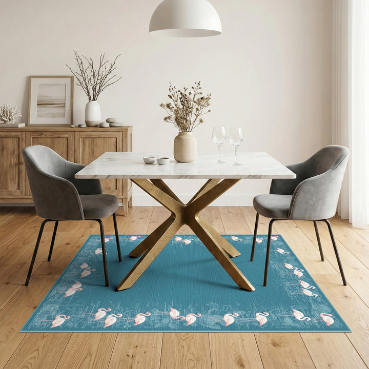 Pink Flamingo Teal Border Washable Area Rug