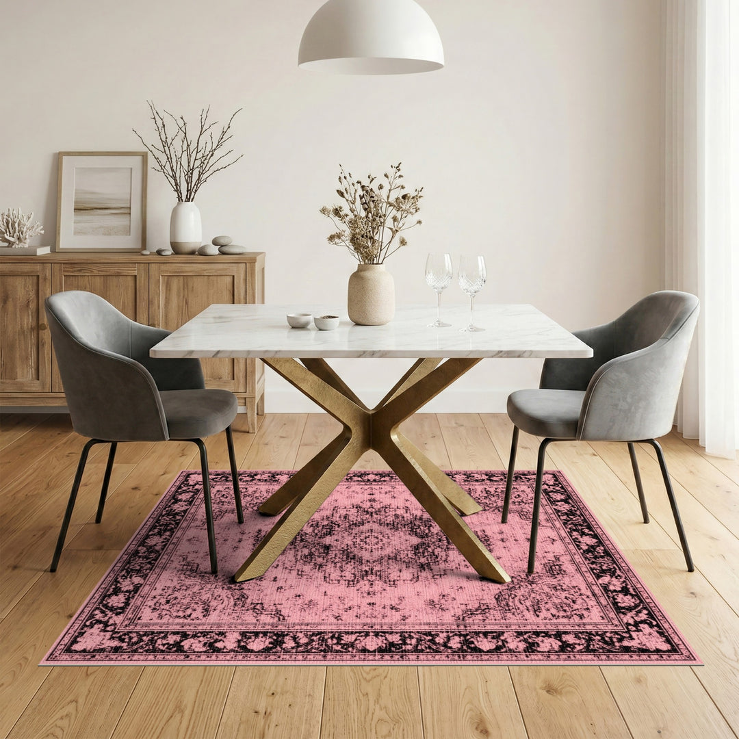 Pink Distressed Vintage Floral Medallion Rug
