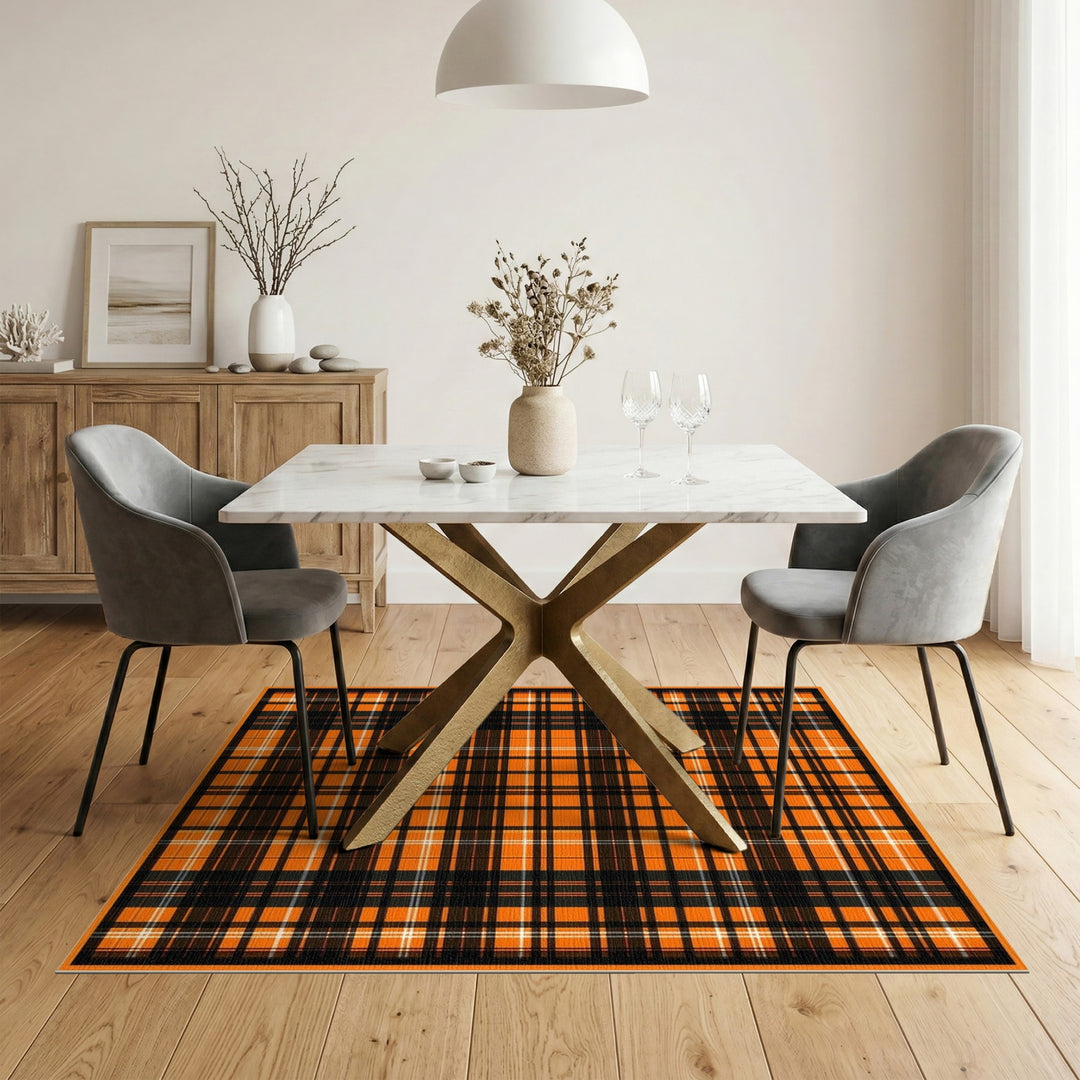 Geometric Modern Orange Black Plaid Washable Area Rug