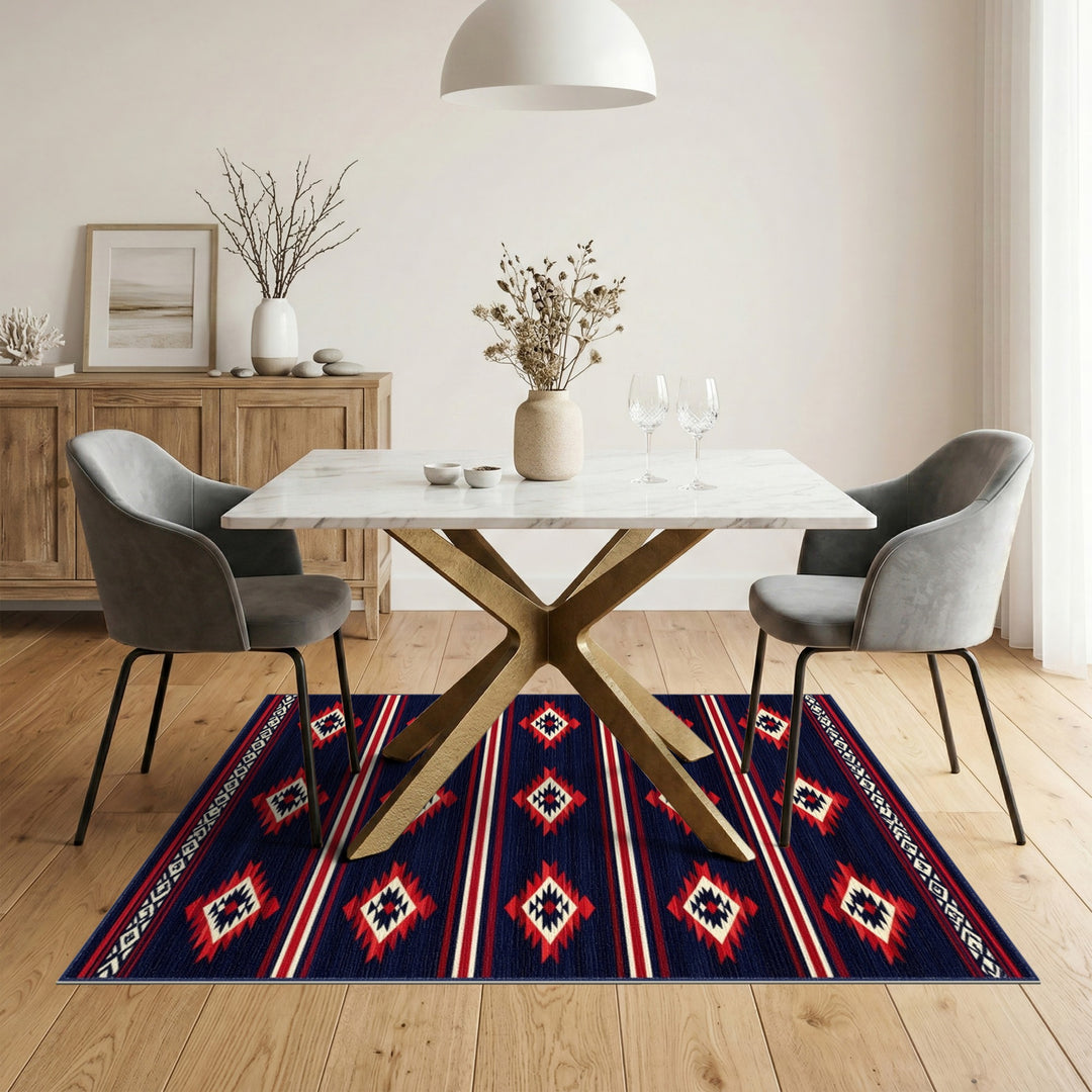 Navy Blue Southwestern Area Rug with Red Diamonds