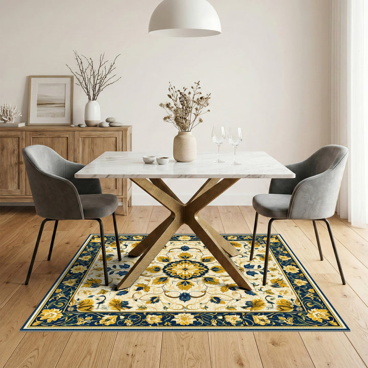 Blue and Gold Floral Medallion Area Rug