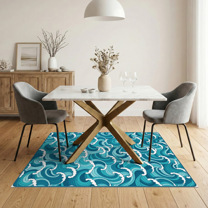 Blue and Teal Coastal Beach Blue Teal Ocean Wave Area Rug
