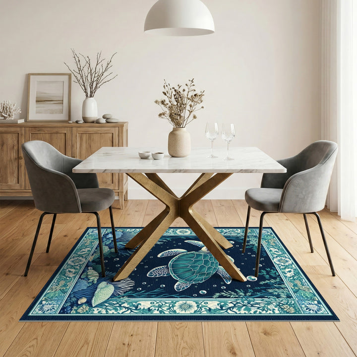 Blue Teal Sea Turtle Coastal Area Rug