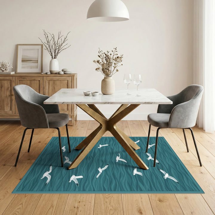 Flying Seagulls Teal Coastal Area Rug