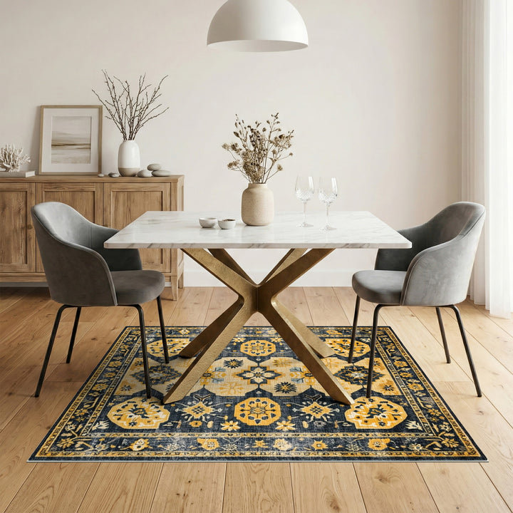 Distressed Navy Yellow Floral Vintage Area Rug