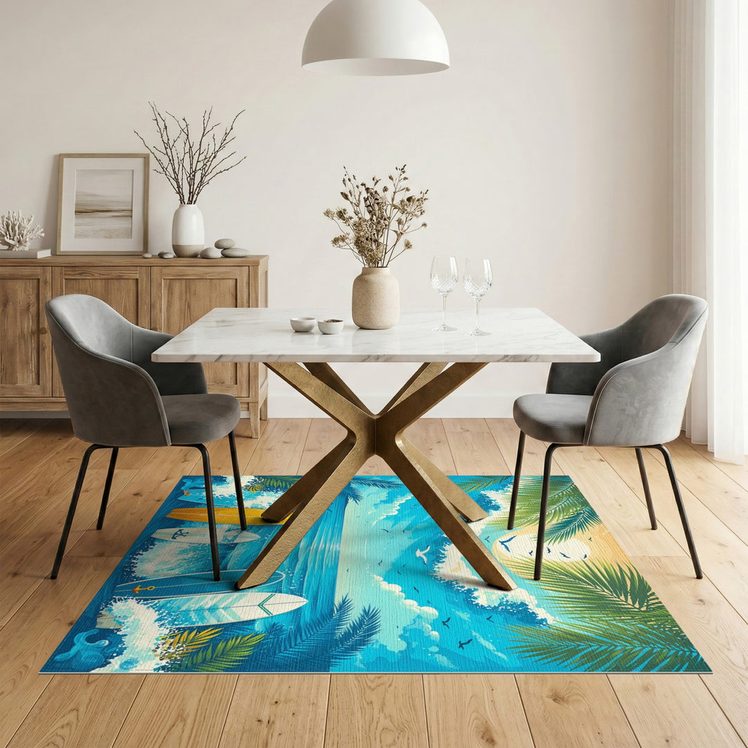 Blue Surfboard Waves Coastal Beach Area Rug