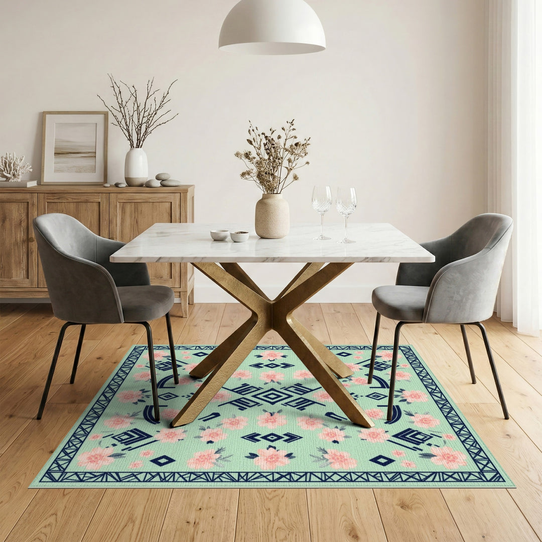 Mint Green Floral Geometric Area Rug