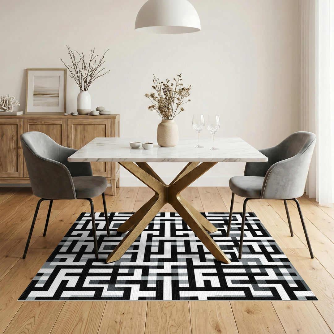 Black White Geometric Maze Area Rug
