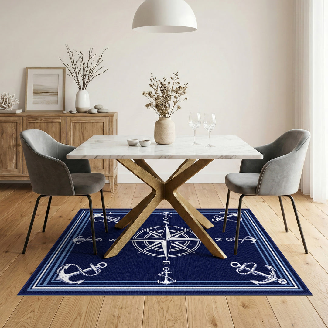 Navy Compass Anchor Coastal Area Rug