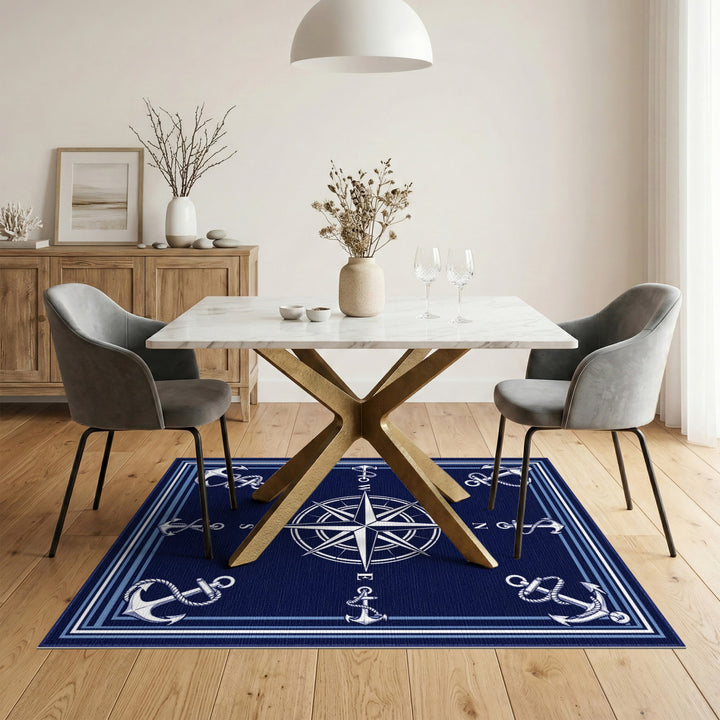 Navy Compass Anchor Coastal Area Rug