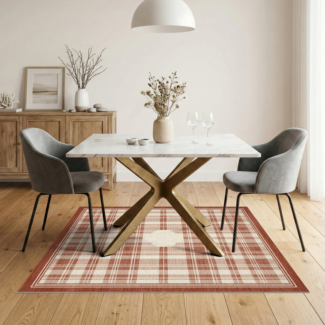 Brown Plaid Area Rug with Ivory Center Motif
