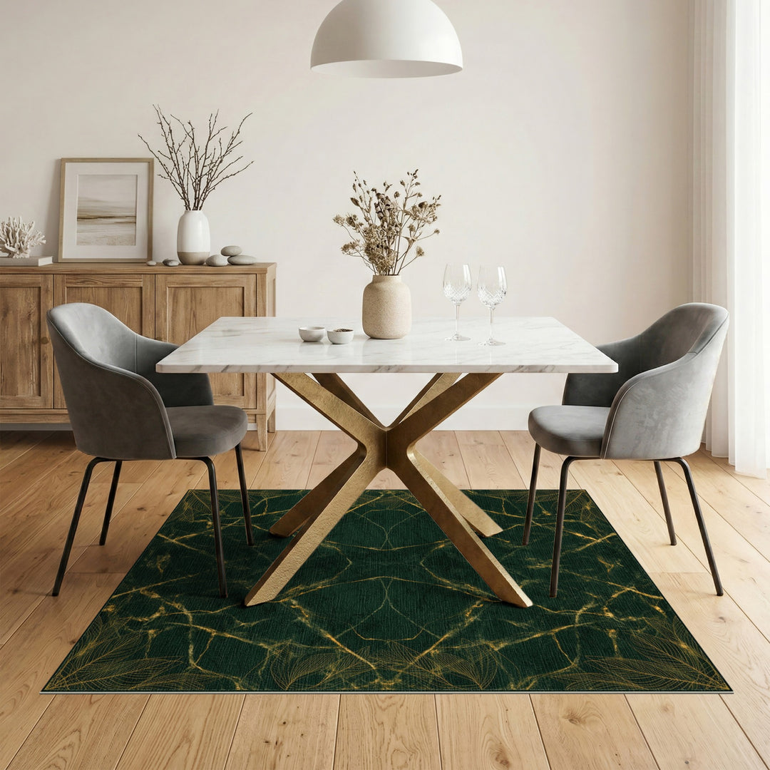 Emerald Green Gold Leaf Marble Area Rug