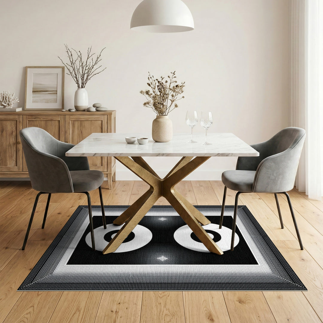 Black White Double Circle Geometric Area Rug