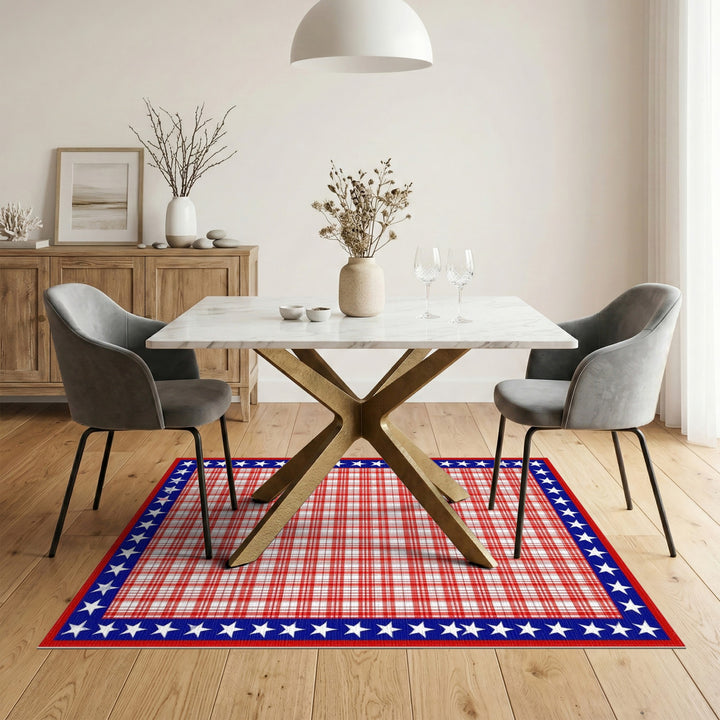 Red Plaid Rug with Blue Star Border