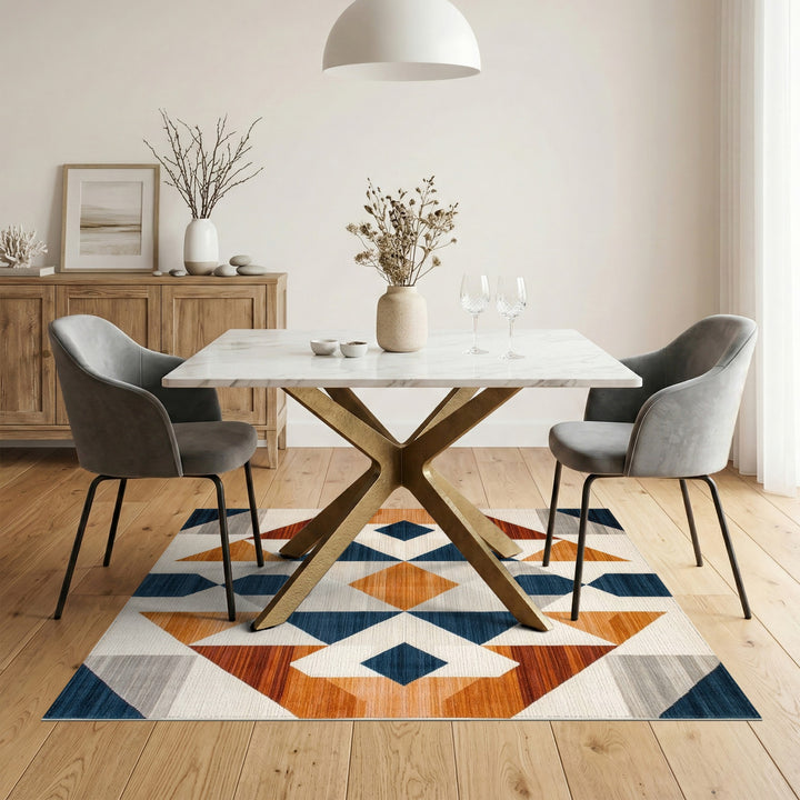 Navy Geometric Diamond Area Rug with Orange Accents
