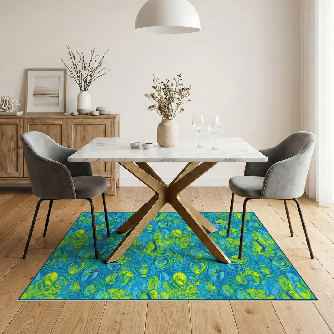 Blue and Teal Blue Fish Coral Coastal Area Rug
