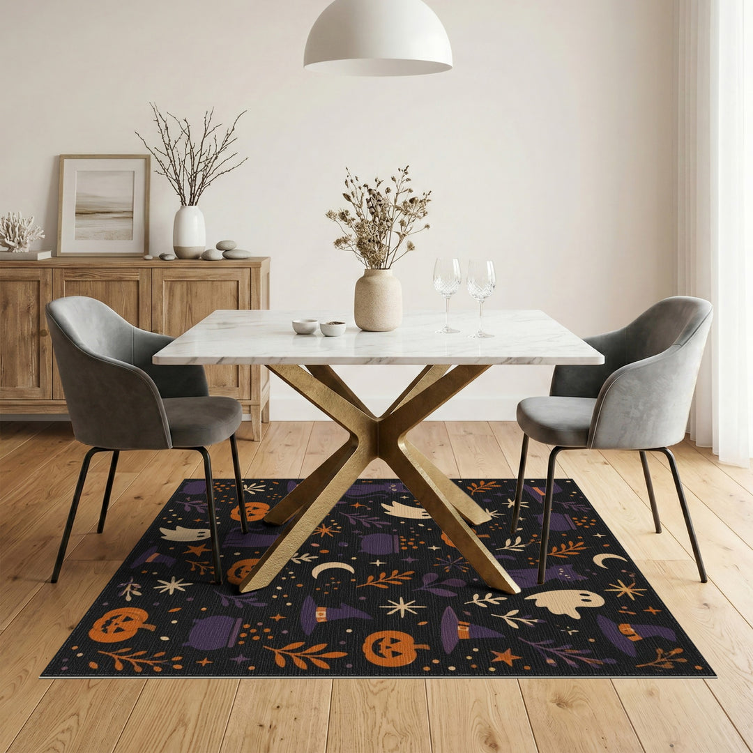 Spooky Halloween Witch Cat Pumpkin Area Rug