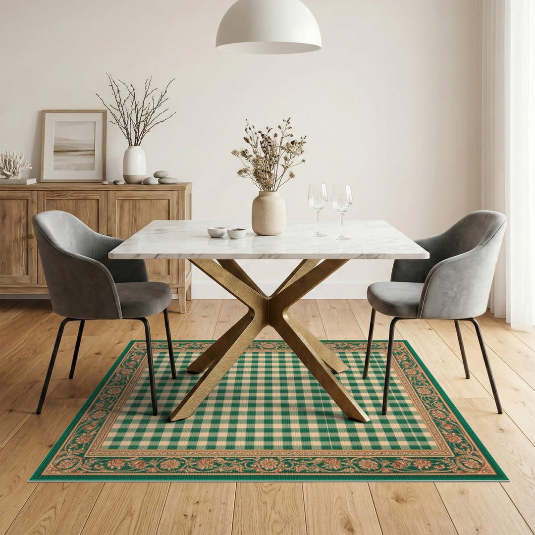 Green Gingham Checkered Rug with Floral Border