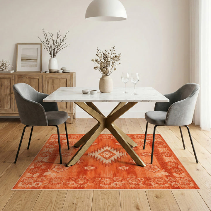 Orange Southwestern Area Rug with Floral Border