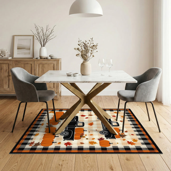 Autumn Pumpkin Truck Orange Plaid Area Rug