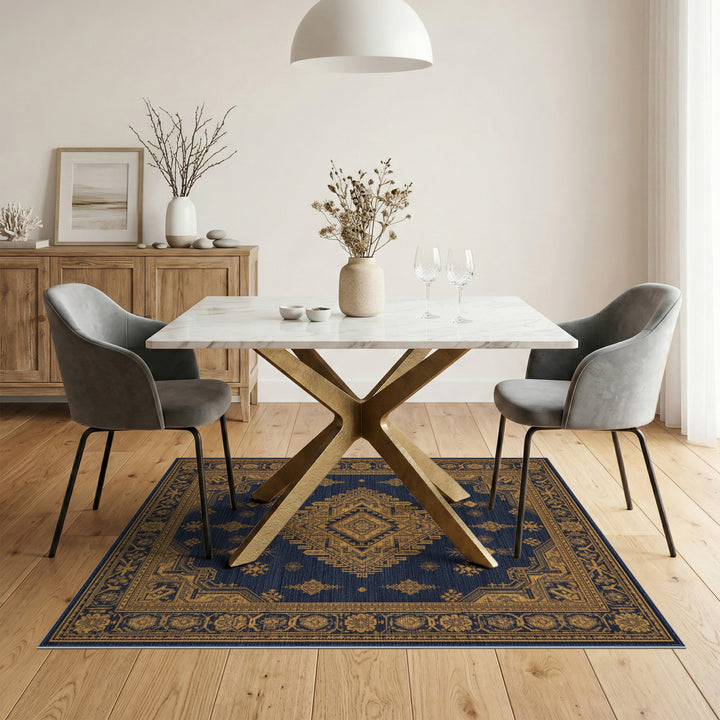 Blue Gold Tribal Medallion Area Rug