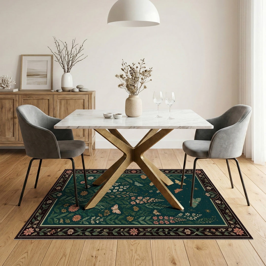 Vintage Teal Floral Butterfly Area Rug