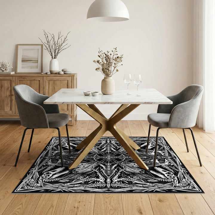 Black and White Dinosaur Skeleton Geometric Area Rug