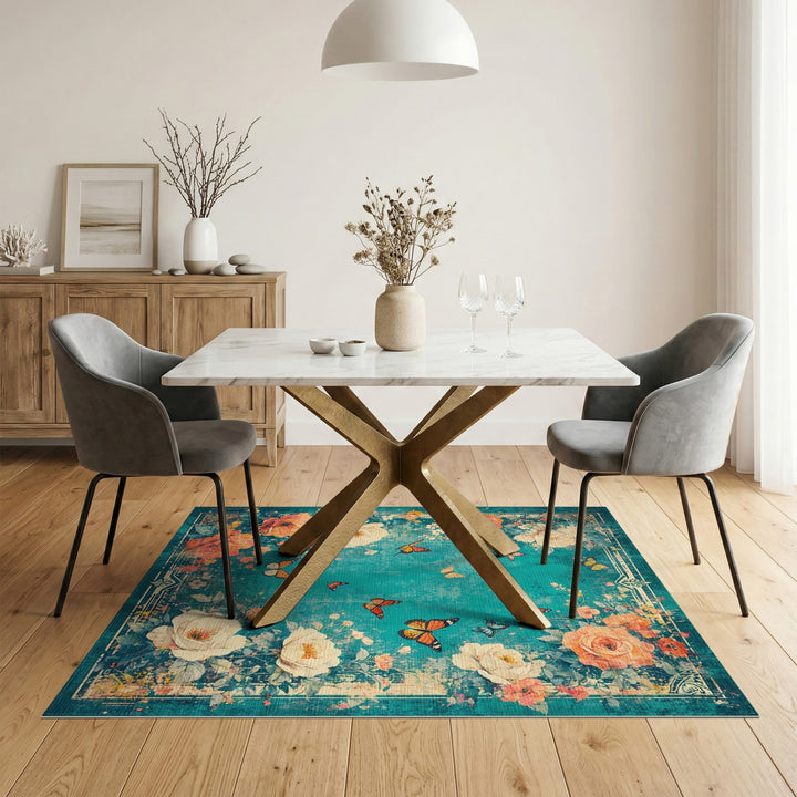 Distressed Teal Floral Vintage Area Rug with Butterflies