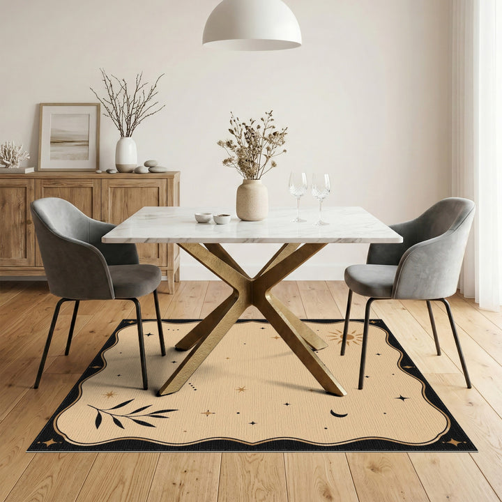 Celestial Beige Boho Area Rug with Sun Moon Stars