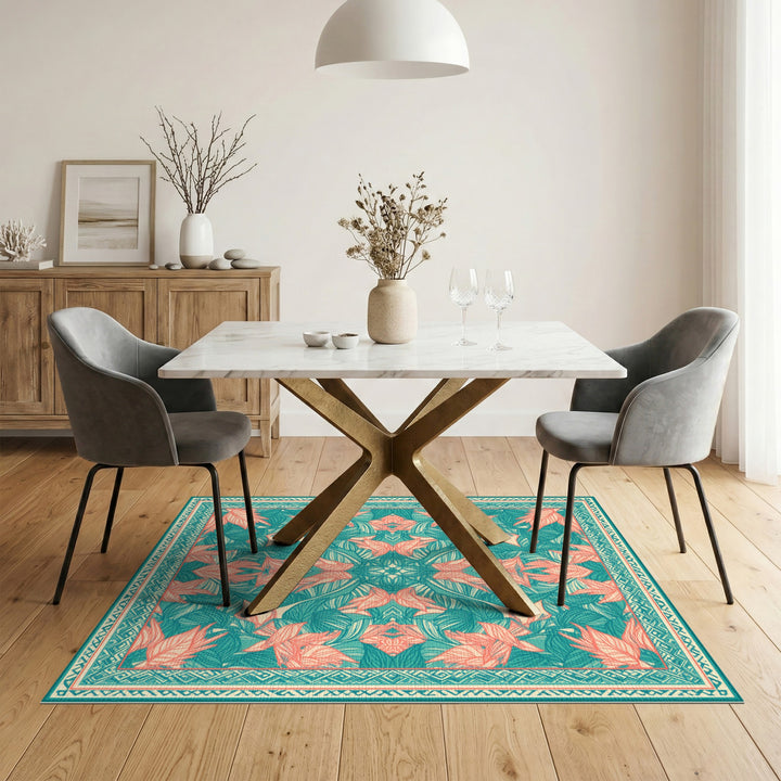 Teal Coral Leaf Botanical Area Rug