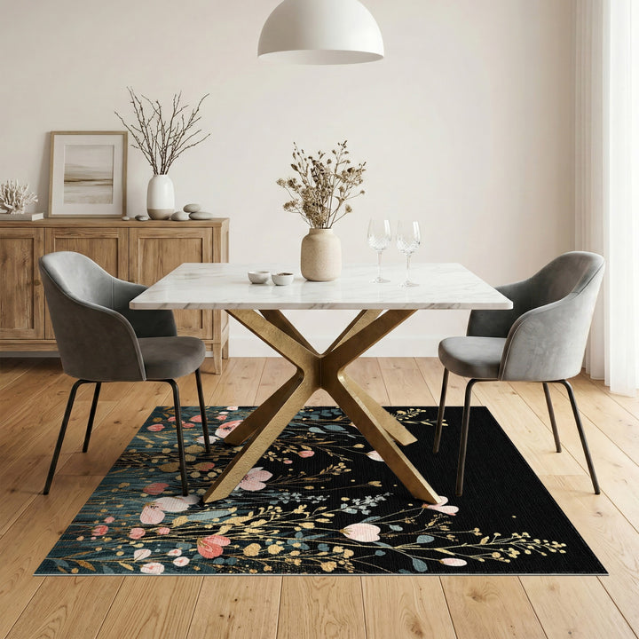 Pink Floral Gold Washable Area Rug