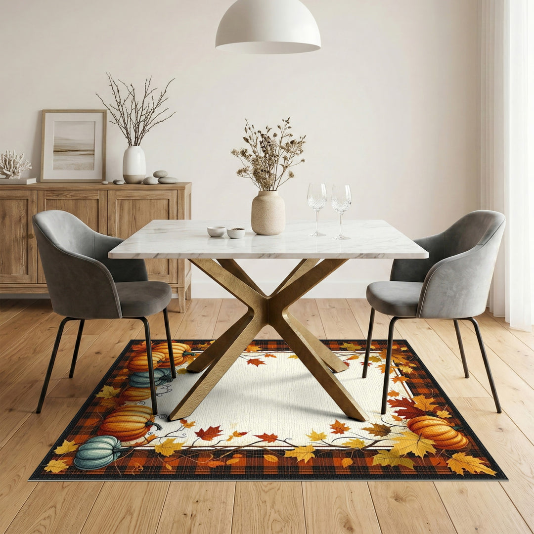 Autumn Pumpkin Plaid Washable Area Rug