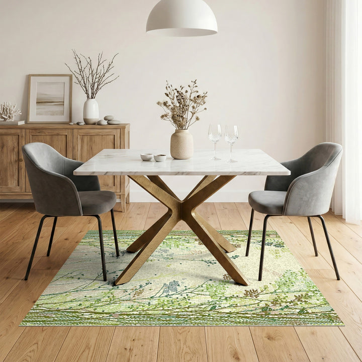 Green Wildflower Meadow Washable Area Rug