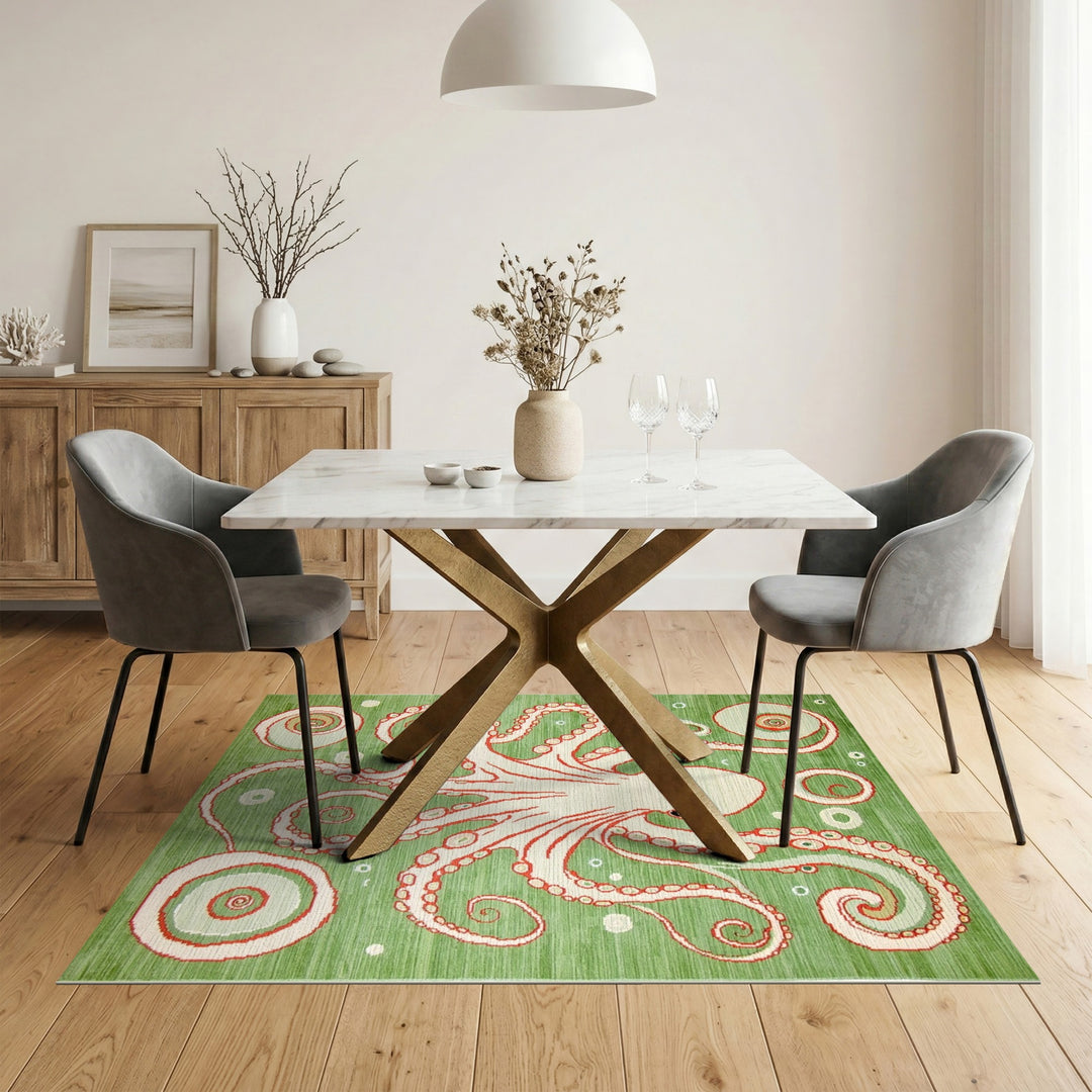 Green Octopus Swirl Washable Area Rug
