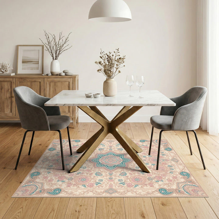 Pink Teal Floral Medallion Vintage Rug
