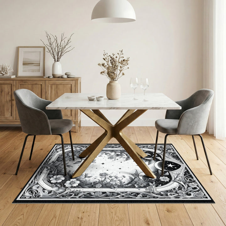 Black and White Celestial Floral Black White Area Rug