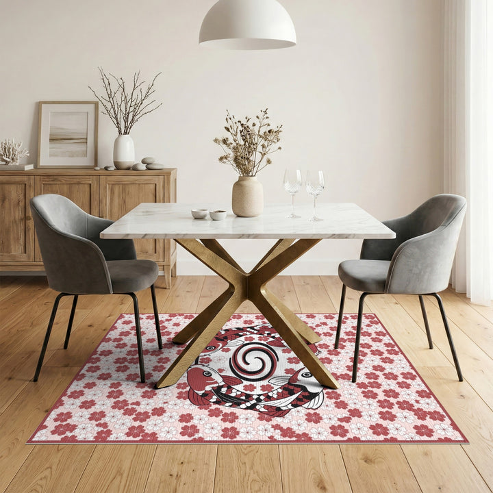 Koi Fish Circle Pink Floral Rug