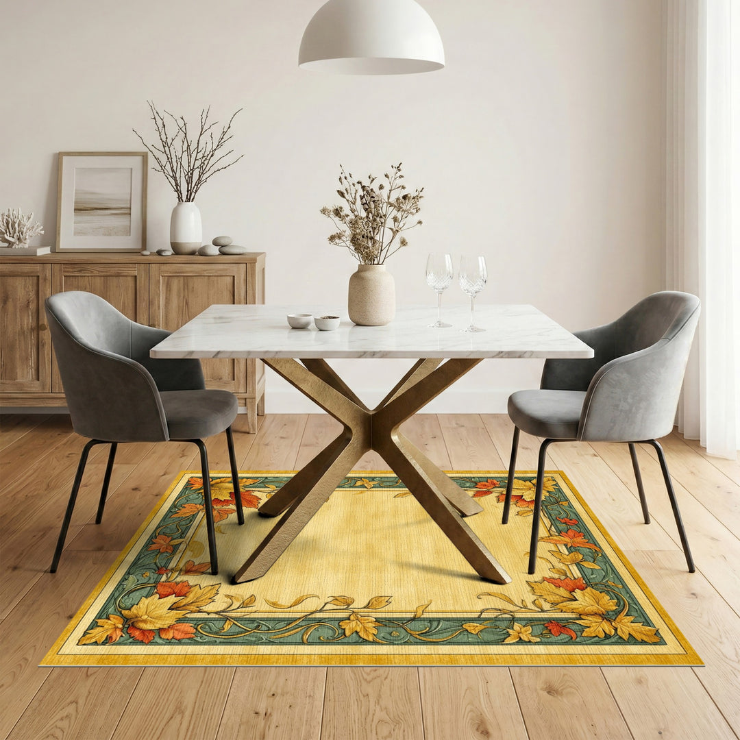 Vintage Teal Autumn Leaf Border Area Rug