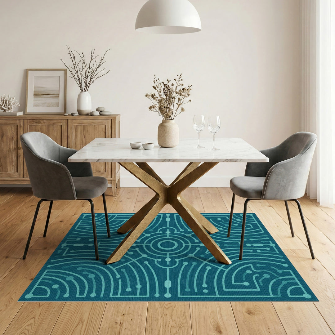 Teal Geometric Circuit Area Rug