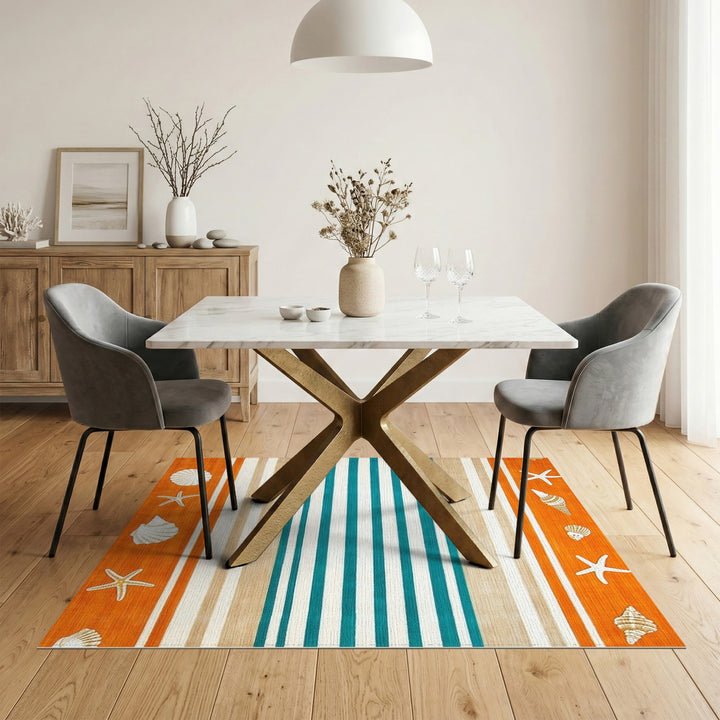 Teal Striped Coastal Seashell Area Rug